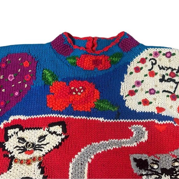 Vtg 90s 00s Studio Collection Cat Purrfect Day Knit Sweater Sz M Grandmacore - Picture 7 of 12